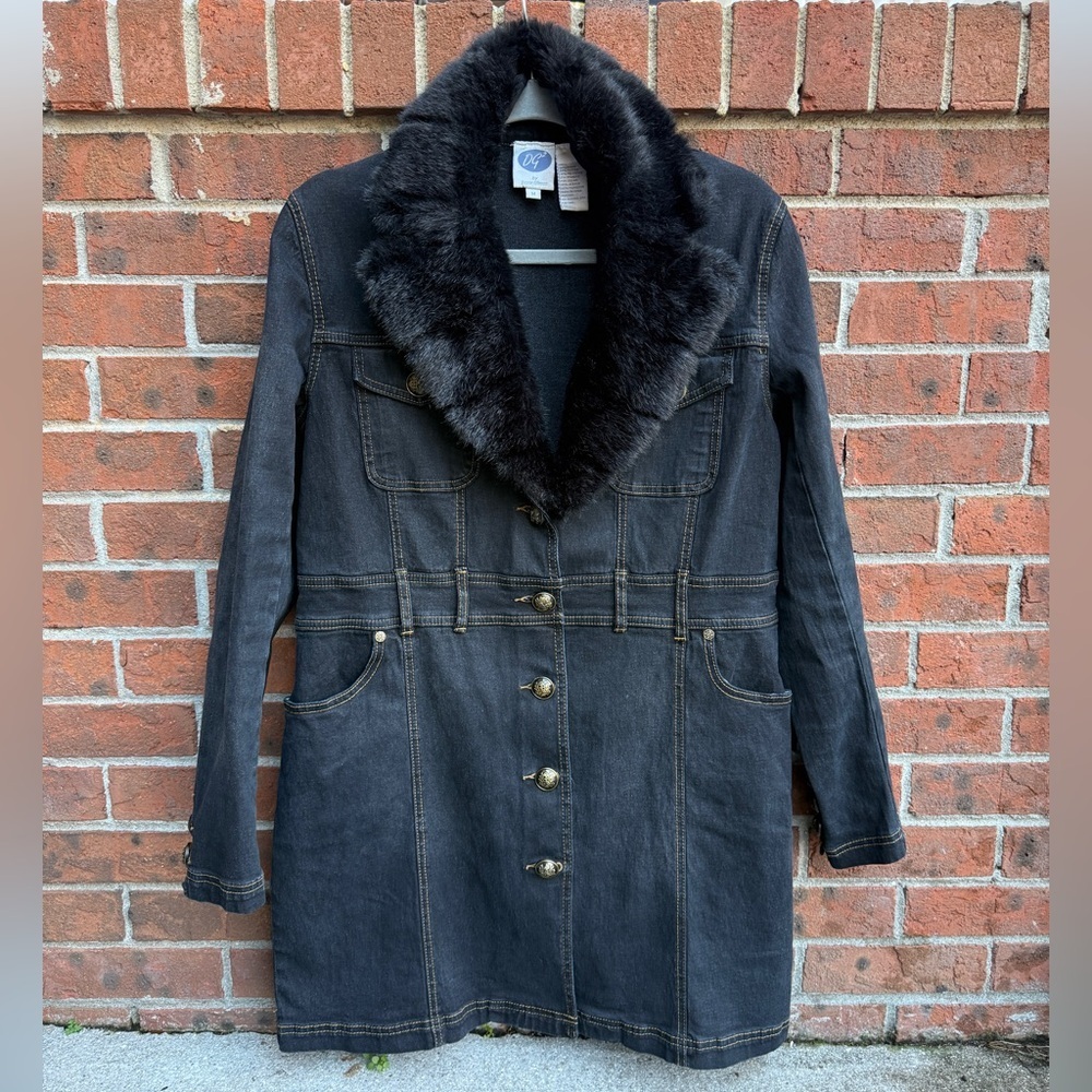 Vintage Diane Gilman DG Trucker Fur Collar Stretchy Jacket Dress Size Medium - Picture 1 of 7